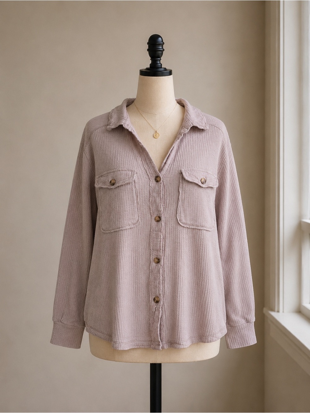 Briggs Women's Waffle Button-Front Long Sleeves Shirt Dusty Rose Tan Medium